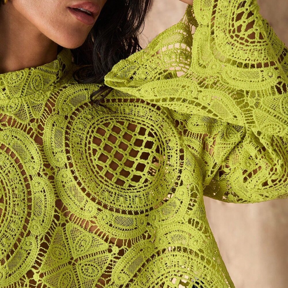 Green Boho Women's Sheer Long Sleeve Blouse with Flower Inlay - Picture 5 of 6